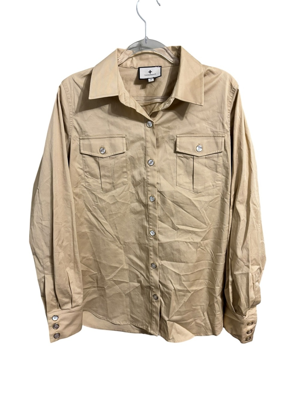 Tuckernuck Utility Button Down Shirt Women’s Medium Beige Cotton Long Sleeve Top - Picture 2 of 5